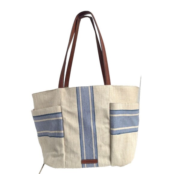Lucky Brand Cora Fabric Tote Cream Blue Stripes Bohemian Tassel Leather Handles - Picture 4 of 10